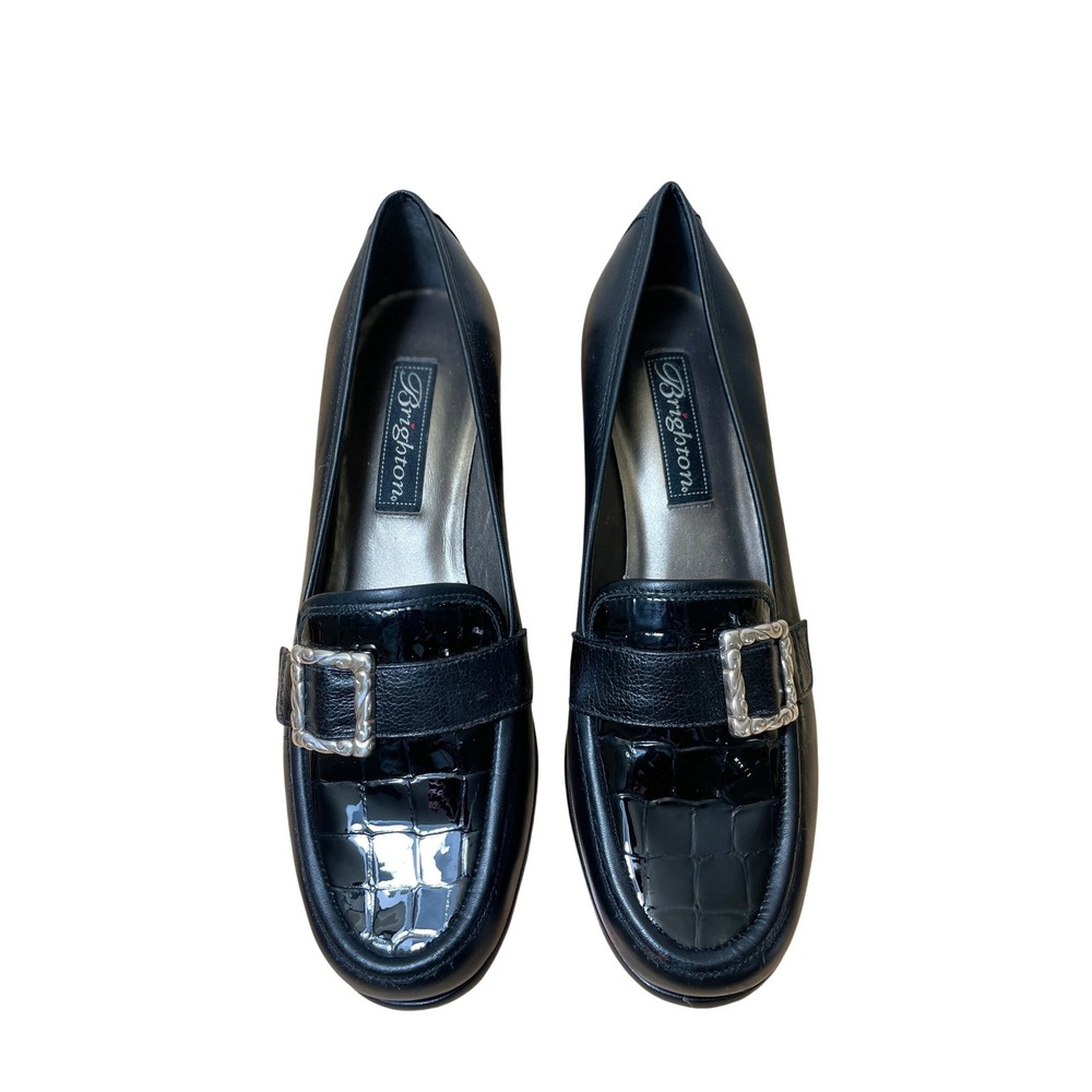 Brighton Adele Black Leather Croc Embossed Buckle Loafer 6.5M‎ Brazil